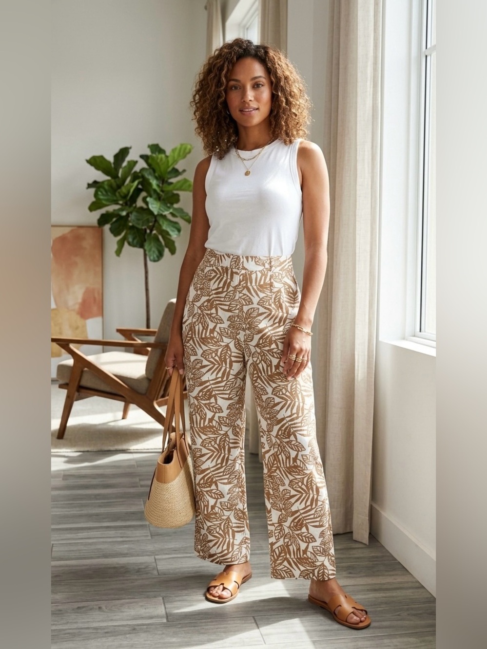 House of Harlow 1960 Linen Blend Wide Leg Palm Leaf Pants Cream Brown Size 6
